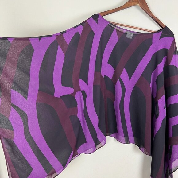 Draped Blouse Top Womens Large‎ Purple Black Sheer Geometric Statement Sleeve 14 - Picture 13 of 16